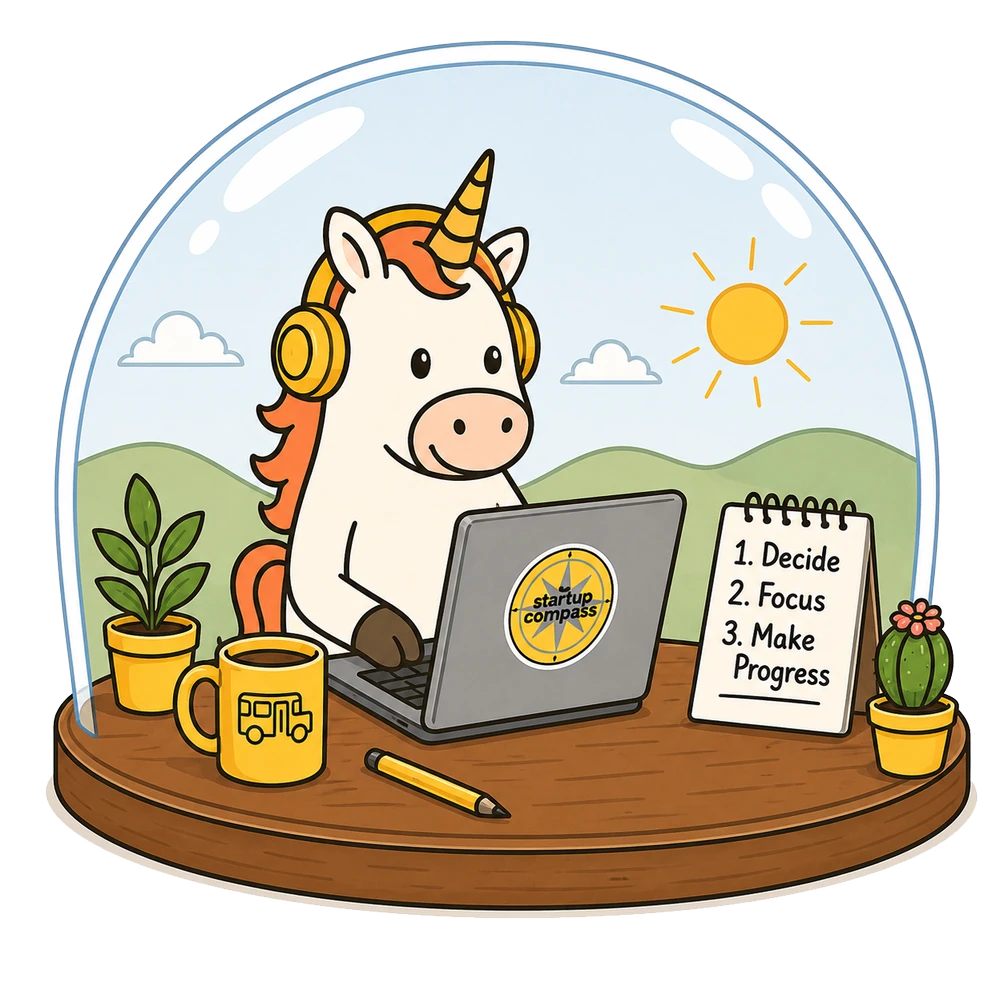 A cartoon unicorn working at a laptop beside a decide, focus and make progress checklist